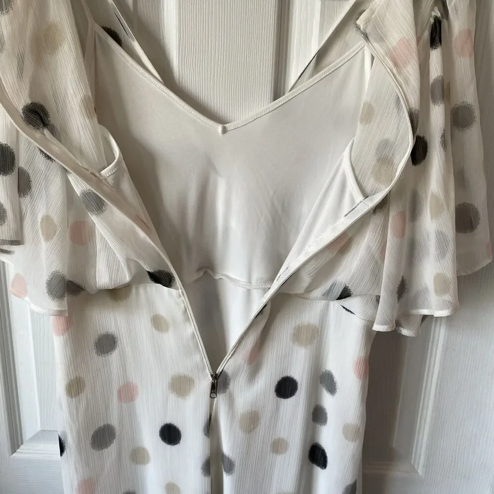 Calvin Klein Womens Chiffon Flutter Shift Dress Ivory Multi size 10 Polka Dot